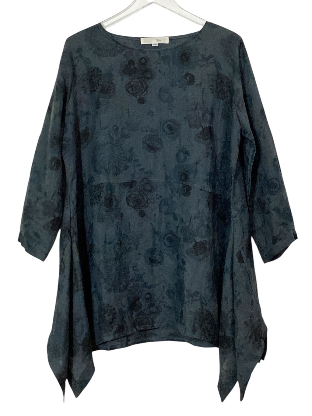Yea Linen Tunic Dress L / Xl Blue Gray Floral Print Handkerchief Hem Oversized
